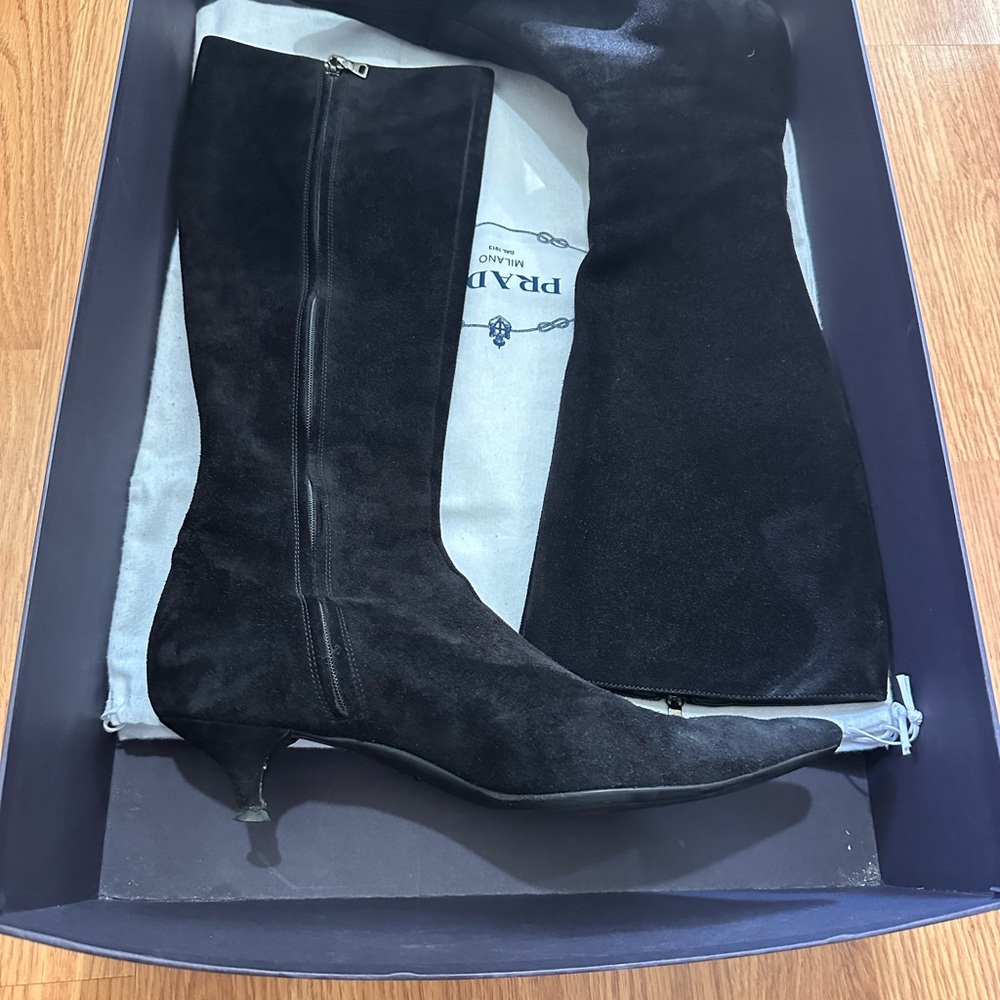 Prada Black Heeled Boots Sleek Suede Design